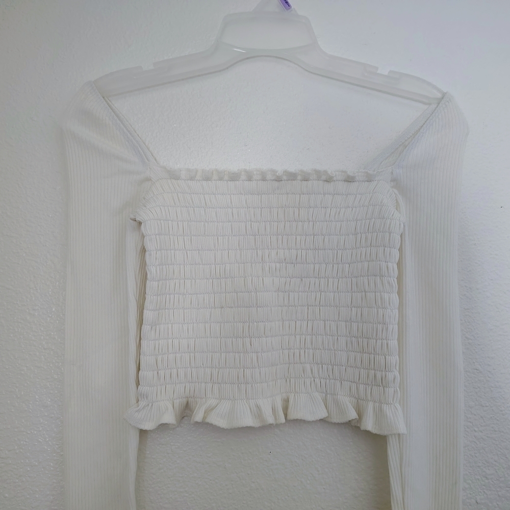 Reformation Creamy Smocked Crop Top Square Neck Sz S Stretch Long Sleeves - Picture 2 of 8